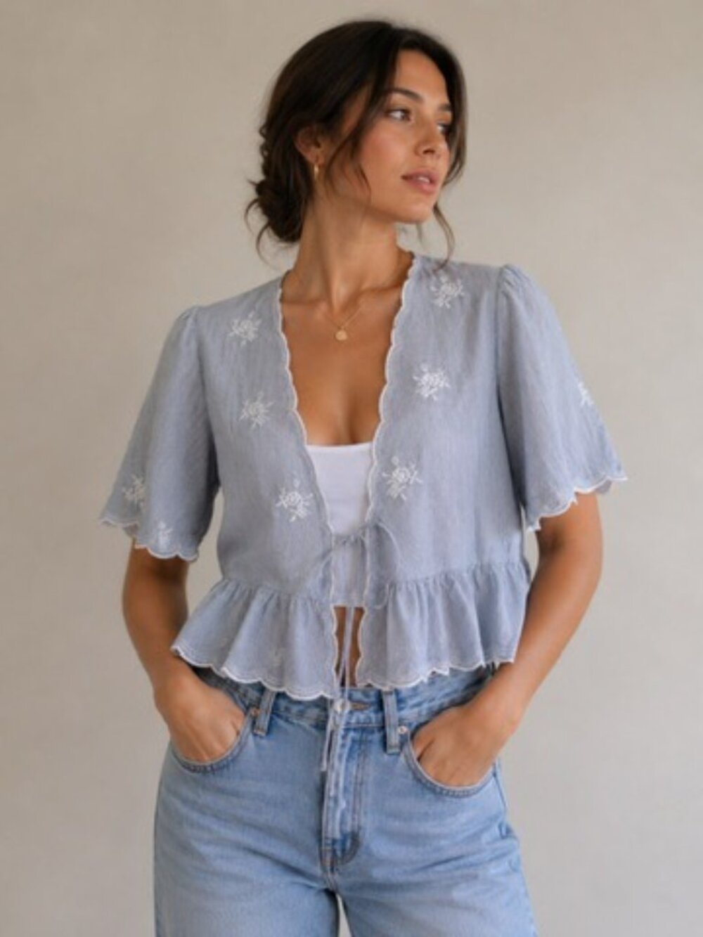 American Eagle Blue White Striped Embroidered Boho Peplum Babydoll Top Size XL